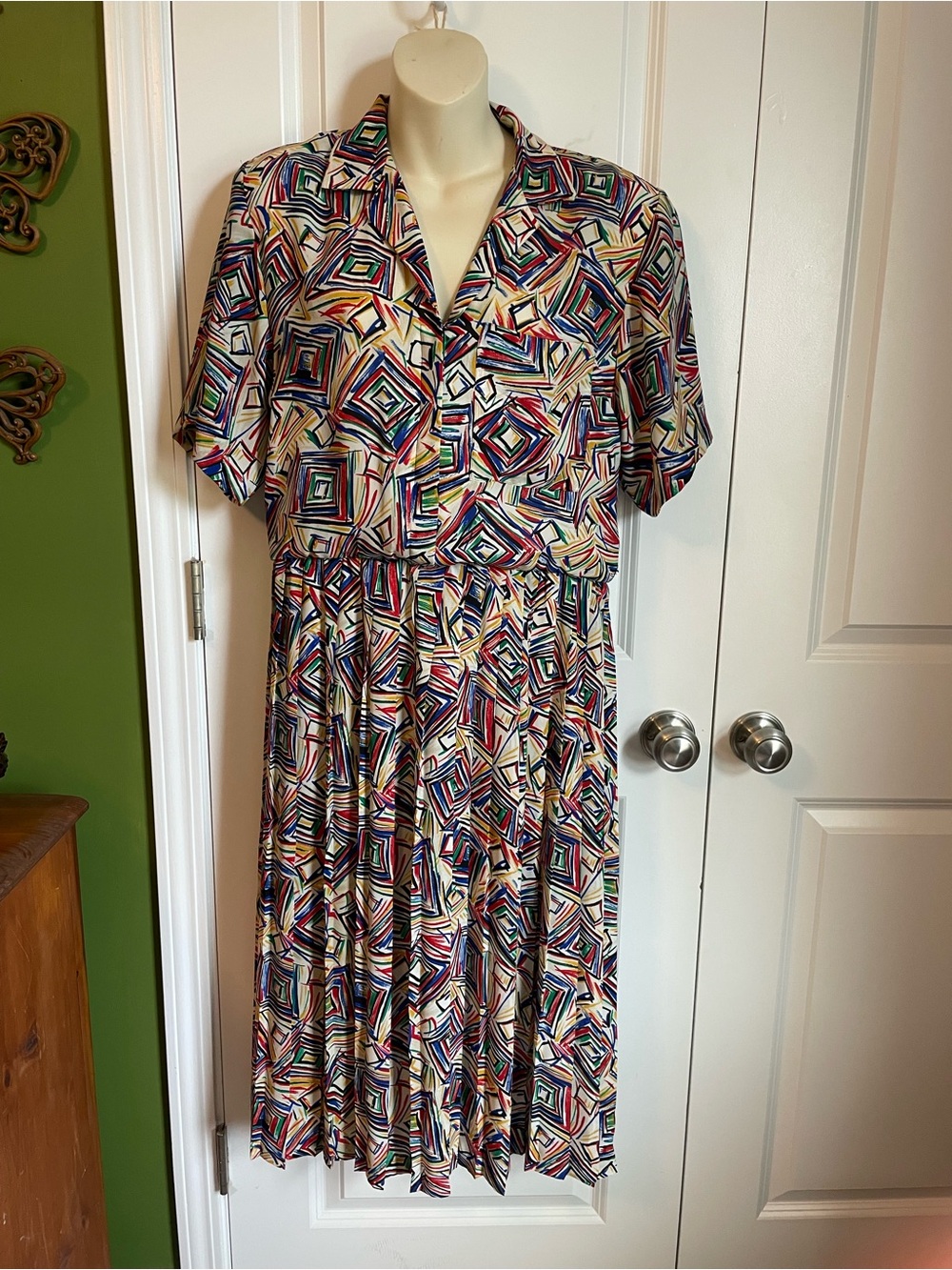 Andrea Gayle Vintage Geometric Multicolor Button-Front Dress Pleated Skirt 10